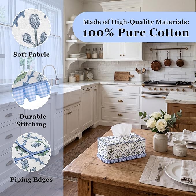 Ruffle Boho Fabric Tissue Box Cover, Handmade Rectangular Blue Green Print Floral Decorative Tissue Box Sleeve Grand Millennial Decor for Bathroom Vanity Home Office