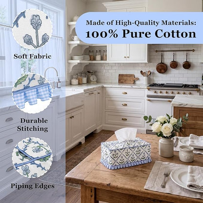Ruffle Boho Fabric Tissue Box Cover, Handmade Rectangular Blue Green Print Floral Decorative Tissue Box Sleeve Grand Millennial Decor for Bathroom Vanity Home Office
