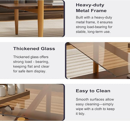 Glass Coffee Table, Rectangle Living Room Center Table with Golden Legs, Mid-Century Modern Accent Tables with Open Shelf for Living Room, Office, Brown