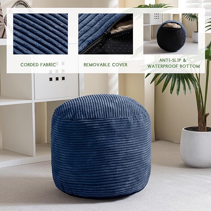 HIGOGOGO Round Stuffed Pouf Ottoman, Corduroy Poufs with Foam Chunk Filling, Furry and Fluffy Pouf Foot Stool Storage Ottoman, 26 X 18 Floor Poufs Foot Rest for Living Room, Bluestone