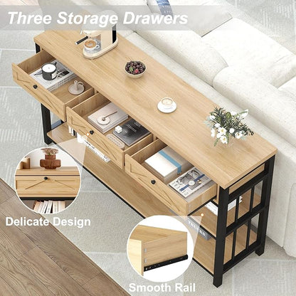 HSH Sofa Table with Storage, 55” Wood Entryway Table with 3 Drawers, 3 Tier Console Table Behind Couch for Living Room, Farmhouse Wooden and Metal Entry Hallway Table for Entrance, Oak, 55 in