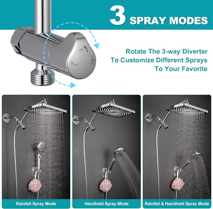 GwernKB Rain Shower Heads with Handheld Spray Combo,Fixed Showerhead&8-Mode Handheld Shower Head with 79 Inches Extra-long Stainless Steel Hose and Low-Reach Adhesive Wall Mount for Elderly
