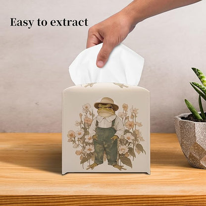 Grace Yonks Vintage Frog Tissue Box Cover Square, Overalls Cottagecore Floral Cube Case for Facial Tissues, 5.2" PU Leather(081)