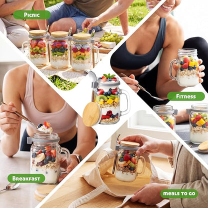 Newtay 4 Pack 16oz Overnight Oats Container with Lids and Spoon, Airtight Glass Mason Jar with Handles for Chia Pudding Milk Cereal Meal Prep Yogurt Food Storage, Microwave Freezer and Dishwasher Safe