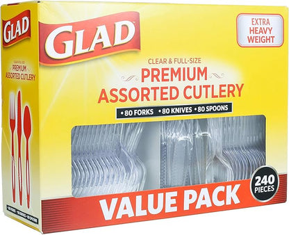 Glad Disposable Cutlery Set - Clear Heavy Duty Plastic Forks, Knives, and Spoons - 240 Piece Plasticware for Parties - Durable, Sturdy Recyclable Utensils - Great for July 4th, Thanksgiving, Christmas