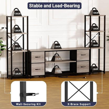 Yenlure LED TV Stand Bookshelf Combo with Charging Station for 65 60 55 Inch TV, Entertainment Center with Lights & Drawers, Industrial Media TV Console Table for Living Room Bedroom Office, Greige