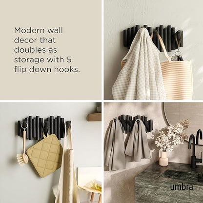 Umbra Picket Wall-Mounted Coat Rack Rail Hook with 5 Retractable Wood Pegs – Modern, Space-Saving Storage Organizer, Black