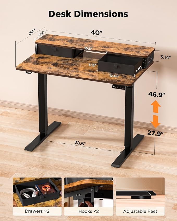 FiCiHi Small Standing Desk with Drawers,C-Clamp Mount Compatible, 40x24 Inch Electric Adjustable Height Computer Stand Up Desks, Home Office Sit Stand Table with 3 Preset Heights, Rustic Brown