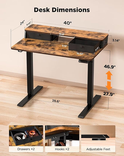 FiCiHi Small Standing Desk with Drawers,C-Clamp Mount Compatible, 40x24 Inch Electric Adjustable Height Computer Stand Up Desks, Home Office Sit Stand Table with 3 Preset Heights, Rustic Brown