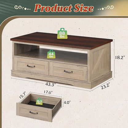 WLIVE Coffee Table for Living Room, 43" Framhouse Coffee Table with 2 Storage Drawers, Modern Center Table with Open Display Area, Elegant Curved Base, Grey