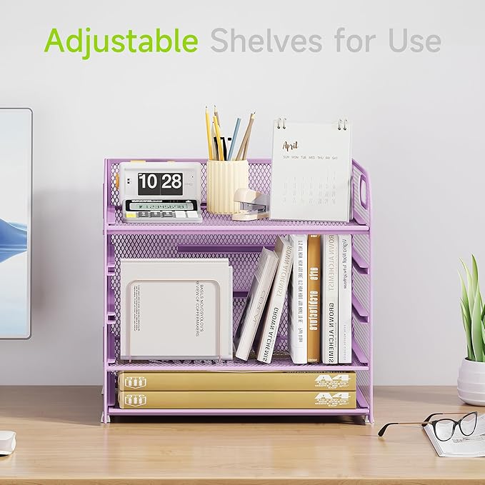 5 Tier Paper Organizer with Handle, Metal Mesh Desk Organizer File Folder Paper Letter Tray Desktop Document Sorter for Classroom, School, Office Accessories Organization and Storage - Purple
