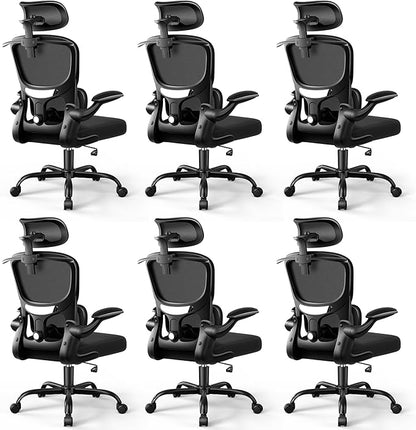 Ergonomic Office Chair, Mesh Desk Chair with Lumbar Support, High Back Home Office Chair with Adjustable Headrest and Flip-Up Arms, Comfortable Computer Chair, Thick Cushion, Black-6 Pack