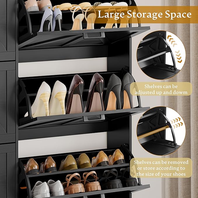 Shoe Cabinet Storage for Entryway, Shoe Storage Cabinet with 6 Flip Drawers, Freestanding Narrow Shoe Rack Organizer with Metal Legs, Adjustable Shelves & Open Storage for Foyer, Hallway, Black
