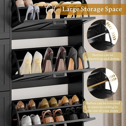 Shoe Cabinet Storage for Entryway, Shoe Storage Cabinet with 6 Flip Drawers, Freestanding Narrow Shoe Rack Organizer with Metal Legs, Adjustable Shelves & Open Storage for Foyer, Hallway, Black