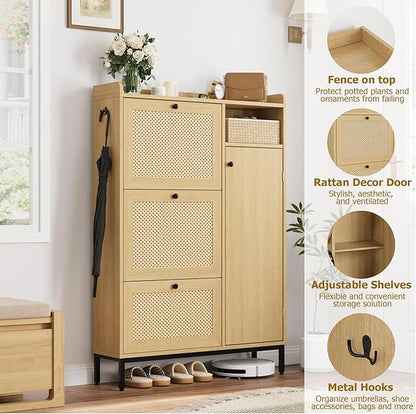 Rattan Wooden Shoe Cabinet, Freestanding 3-Flip Drawer Shoe Storage Organizer, Side Cabinet & Top Fence, Easy Assembly Shoe Rack for Entryway Hallway Living Room, Light Oak