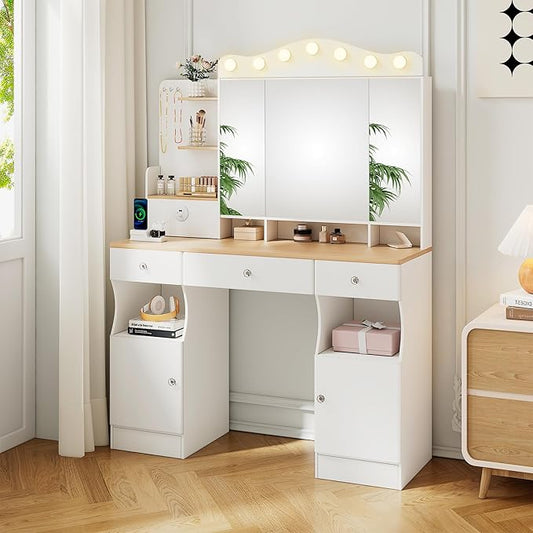 43" Large Vanity Desk with Mirror and Lights, Tri-Fold Mirror Makeup Vanity Table with LED Bulbs, Hidden Storage Drawers & USB Ports, Natural Wood and White Design, Modern Farmhouse Vanity for Bedroom