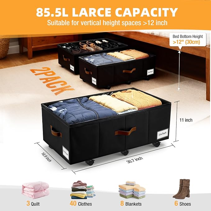 Under Bed Storage with Wheels,Underbed Storage with Sturdy Sidewalls/Bottom, Clear Cover, Label and PU Handle, Rolling Under Bed Drawers for Clothes, Shoes, 11 Inch Height,Black, 2 Pack