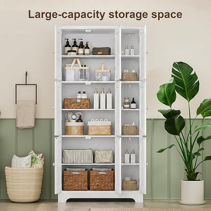 ChooChoo Bathroom Storage Cabinet with 9 Doors, Narrow Floor Cabinet with Adjustable Shelves, White Slim Pantry Cabinet for Kitchen, Bathroom, Laundry Room, Living Room