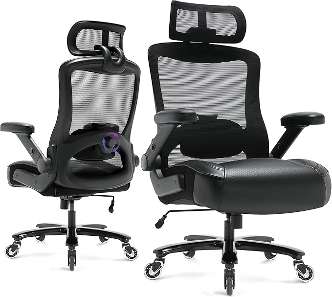 600lbs Big and Tall Office Chair- Heavy Duty Executive Computer Chair with 3D Flip Arms Large Wheels, Ergonomic Mesh High Back Desk Chair, Extra Wide Seat Adjustable Lumbar Support&Headrest