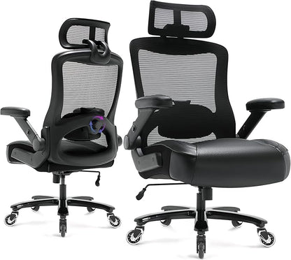 600lbs Big and Tall Office Chair- Heavy Duty Executive Computer Chair with 3D Flip Arms Large Wheels, Ergonomic Mesh High Back Desk Chair, Extra Wide Seat Adjustable Lumbar Support&Headrest