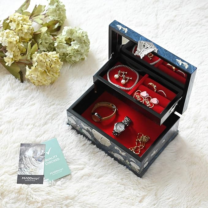 MADDesign Mother of Pearl Jewelry Box Multilevel Peacock Design