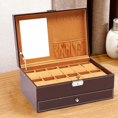 2-Layer Retro Jewelry Box Organizer with Mirror and Lock,Leather Jewelry Box for Womens Girls,Brown Jewellery Holder Organizer Box for Necklace Earrings Rings Bracelets, Christmas New Year Gift