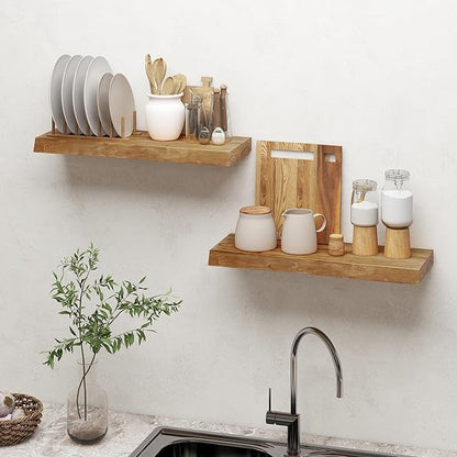 Dreamland 24 Inch Floating Shelves, Rustic Elm Wood Live Edge Wall Shelf for Home Decor, 8 Inch Deep Floating Shelf for Wall, 24 x 8 Bathroom Shelves Set of 2, Natural Color