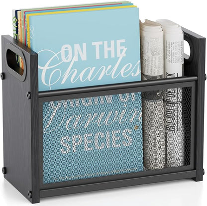 Black Magazine Holder, Wood Magazine Rack Floor, Mesh Magazine File Holder, Magazine Storage Basket, Magazine Holders for Classroom, Magazine Stand for Desk, Folder Organizer Bin for Books