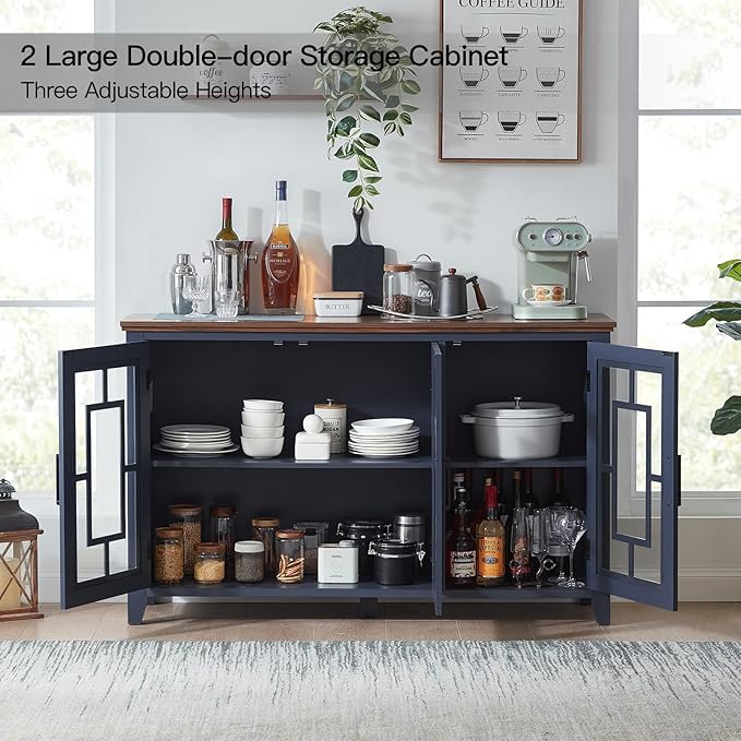 Large Sideboard Buffet Cabinet with Storage, 55" Farmhouse Kitchen Coffee Wine Bar Cabinet with 3 Glass Doors, Wood Mid Century Modern Side Board Table for Dining Room, Living Room,Navy Blue