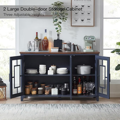 Large Sideboard Buffet Cabinet with Storage, 55" Farmhouse Kitchen Coffee Wine Bar Cabinet with 3 Glass Doors, Wood Mid Century Modern Side Board Table for Dining Room, Living Room,Navy Blue
