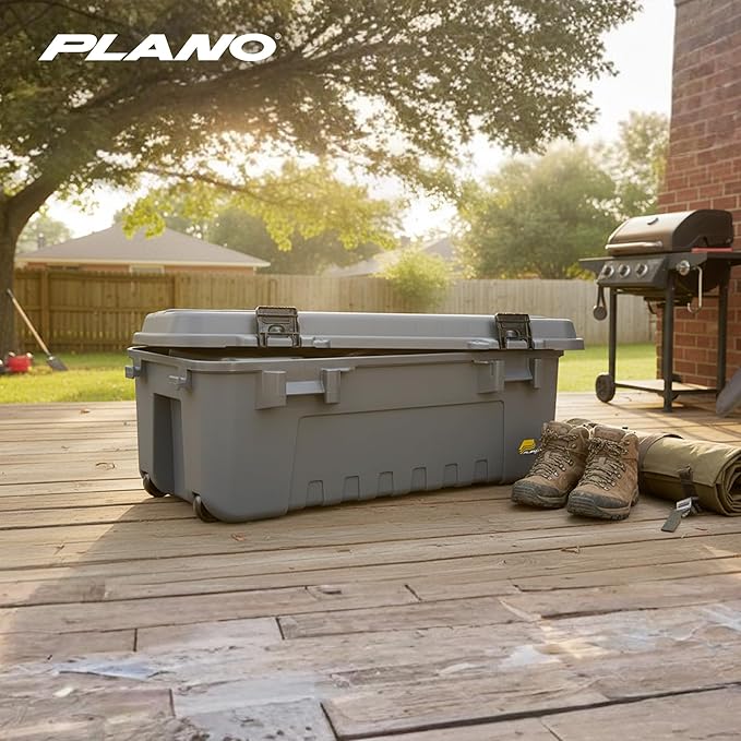 Plano 3 Pack Storage Trunk with Wheels, Gray, Lockable Storage Box, Airline Approved Sportsman Trunk, Hunting Gear and Ammunition Bin, Heavy-Duty Containers for Camping, 108-Quart
