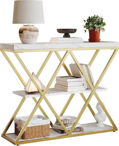 Garvee 3-Tier Entryway Table, Industrial Console Sofa Table with Storage, Accent Table with Open Shelves, X-Shaped Gold Metal Frame, Foyer Table for Entryway, Hallway, Foyer, Living Room, White