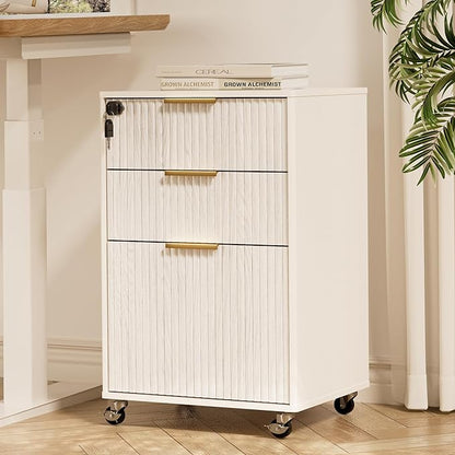 3 Drawers Fluted Mobile File Cabinet with Lock, Rolling File Cabinet Printer Stand Table, Under Desk Wooden Filing Cabinets for Home Office Essentials Storage Organization Furniture Letters/A4(White)