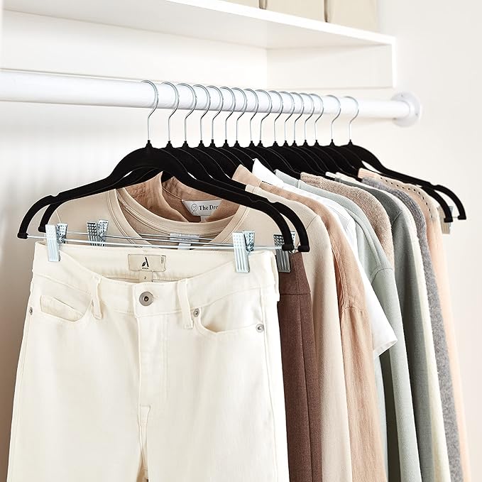 Amazon Basics Velvet, Non-Slip Skirt Clothes Hangers with Clips, Organize Pants and Skirts, Black/Silver, Pack of 50