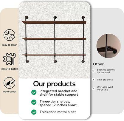 3-Tier Industrial Pipe Floating Shelf – Rustic 60 inch Wood Wall-Mounted Storage Shelf for Kitchen Office,Bathroom & Home Decor -Walnut