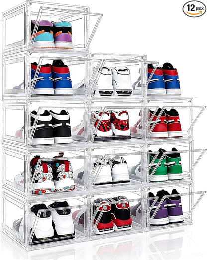 BVBOX 12 Pack Acrylic Shoe Storage Boxes with Magnetic Door - 360° Clear Stackable Shoe Display Box Set, Plastic Shoe Cabinet Rack Box for Sneakers Heels Shoes (12, Clear, L - Front Open)