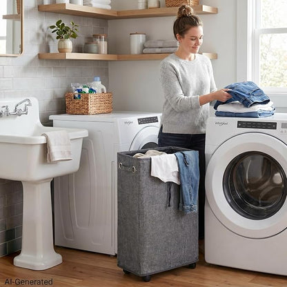 DOKEHOM 29-Inches Enlarged Slim Laundry Basket with Removable Wash Bag on Wheels, Collapsible Rolling Laundry Hamper, Foldable Narrow Corner Clothes Storage Bins (Linen Grey)