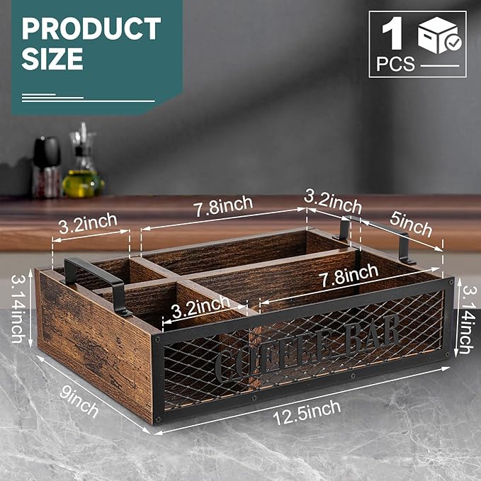 Yalikop Coffee Station Organizer for Countertop, All in One No Assembly Wood Coffee Creamer Bar Holder with Iron Mesh, Office Tea Bar Accessories Gift for New Home Birthday(Brown,Natural)