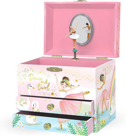 Giggle & Honey Musical Ballerina Jewelry Box for Girls - Kids Music Box with Spinning Ballerina, Ballet Birthday Gifts for Little Girls, Jewelry Boxes, 6.8 x 5.3 x 6 in - Ages 3-10, Pink