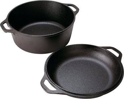 Lodge 5 Quart Cast Iron Double Dutch Oven – Pre-Seasoned – Lid Converts to 10.25" Skillet – PFAS-Free – Made in USA – Dual Handles – Oven, Grill, Campfire & Stovetop Safe – Durable & Non-Toxic