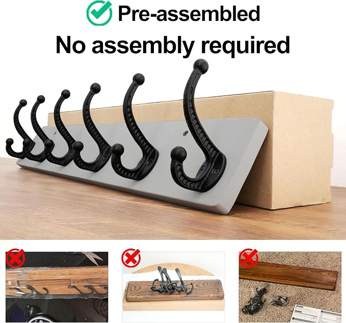WEBI Rustic Coat Rack Wall Mount,24" Long 6 Cast Iron Coat Hooks Wall Mounted,Heavy Duty Wood Wall Coat Hanger Hooks for Hanging Coats,Jacket,Clothes,Backpack,Farmhouse,Gray