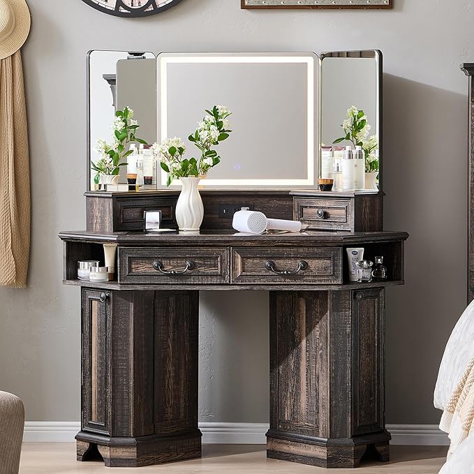 T4TREAM Makeup Vanity Desk 48" with 3 Way Mirror and Lights, Large Farmhouse Corner Vanity Dressing Table with Glass Top & Charging Station, 3 Drawers & 2 Storage Cabinets, Dark Rustic Oak