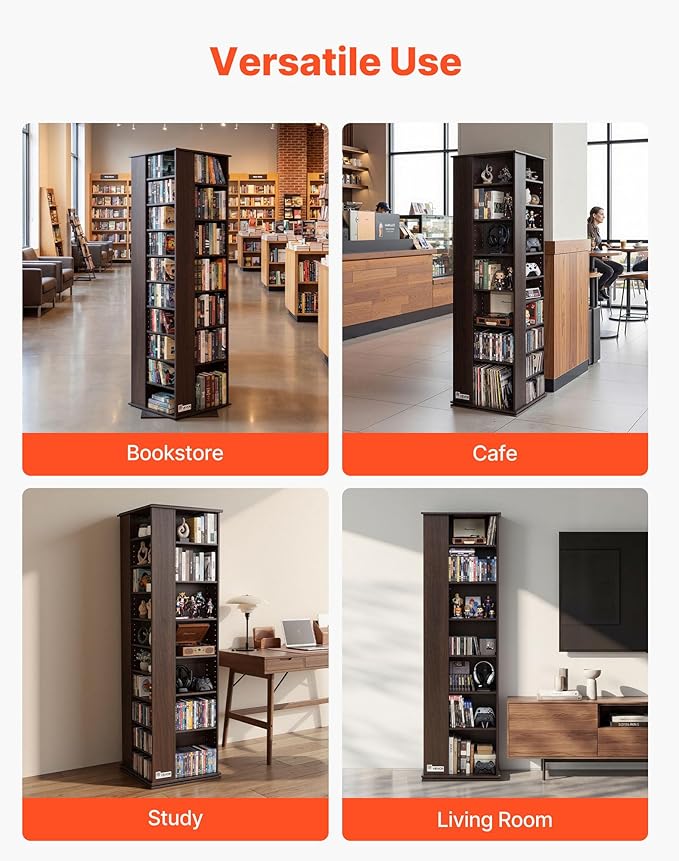 VEVOR Media Storage Cabinet, CD Rack Tower, 34 Compartments Rotating Media Tower Rack for CDs, DVDs, Books and Game Discs, DVD Stand for Living Room, Home Office and Recording Room, Brown