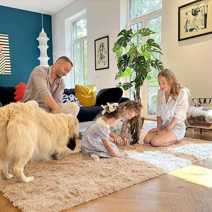 OLANLY 4x8 Area Rugs for Living Room Bedroom, Machine Washable Soft Fluffy Shaggy Bedside Rug, Indoor Floor Carpet for Kids Girls and Boys, Dorms, Nursery Rooms, Home Decor Aesthetic, Beige