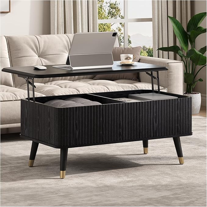 Lift Top Coffee Table with Storage, Modern Coffee Table with Solid Wood Legs, 38" Minimalist Fluted Center Table for Living Room, Home Office, Black