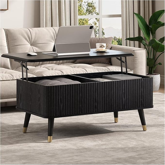 Lift Top Coffee Table with Storage, Modern Coffee Table with Solid Wood Legs, 38" Minimalist Fluted Center Table for Living Room, Home Office, Black