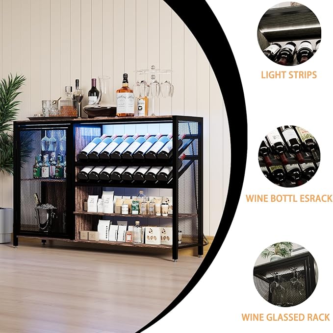48" Wine Bar Cabinet with Power Outlet, Industrial Coffee Bar Cabinet with LED Strip, Liquor Bar Cart with Wine Rack and Glass Holder for Living Room Dining Room Kitchen, Rustic Brown