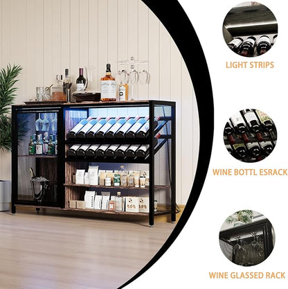 48" Wine Bar Cabinet with Power Outlet, Industrial Coffee Bar Cabinet with LED Strip, Liquor Bar Cart with Wine Rack and Glass Holder for Living Room Dining Room Kitchen, Rustic Brown