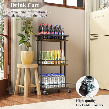 3 Tier Bar Cart for Home, Rolling Mini Liquor Bar for Wine Beverage Dinner Party, Utility Kitchen Storage Island Serving Cart on Wheels, Coffee Bar Cabinet for Kitchen Dining Living Room, Brown