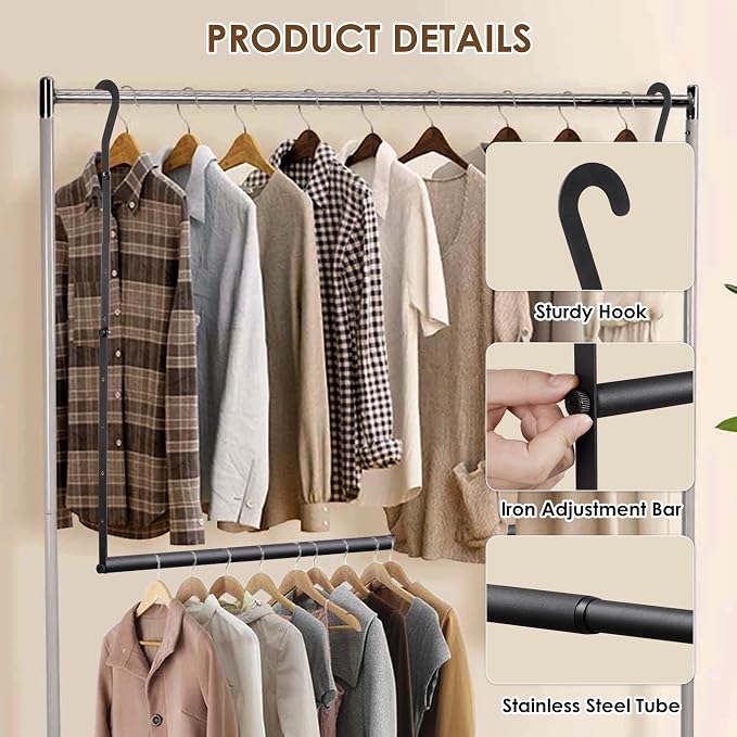 Closet Rod Extenders - Black Adjustable Closet Hanging Rod, Width & Height Expandable Clothes Rod, Space-Saving Closet Organizer for Hanging Clothes, Easy Installation, 1 Pack
